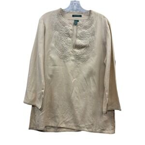 Lauren Ralph Lauren Linen Embroidered Tunic Top Resort Beige Boho Peasant M